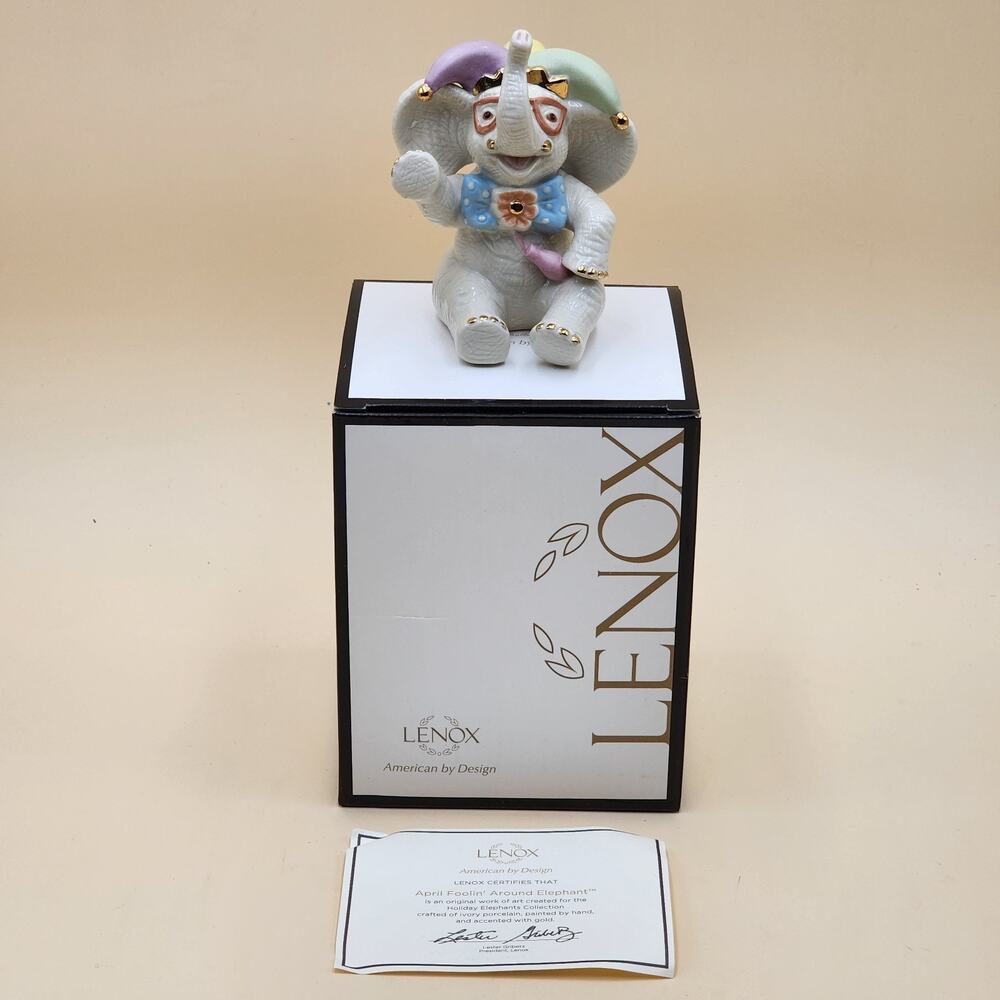 Lenox April Foolin Around Elephant Figurine Jester Hat Glasses Porcelain in Box
